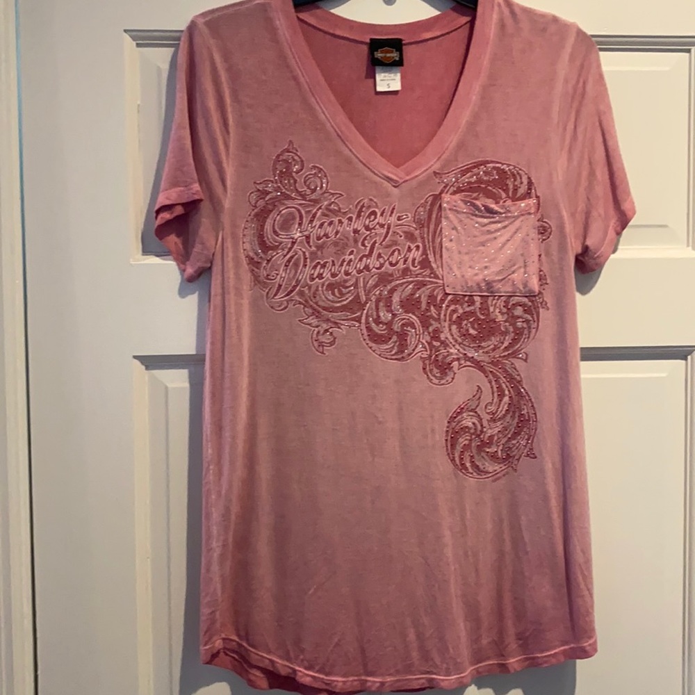 Harley Davidson light pink short sleeve shirt.
